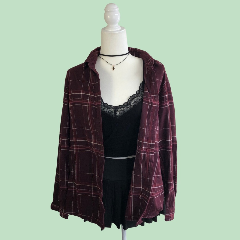 UNIQLO Burgundy Plaid Flannel Shirt Womens L Button Down Top Maroon 90s Grunge